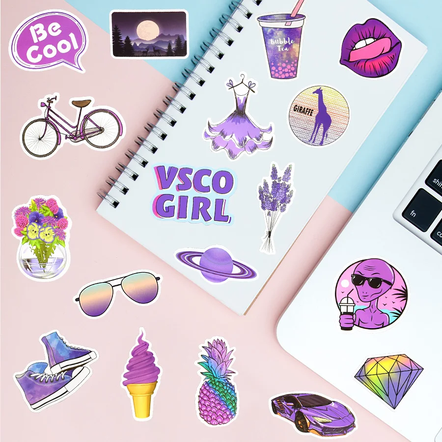 50 pezzi adesivi ragazza VSCO viola cartone animato Kawaii decalcomanie in vinile confezione di adesivi per Laptop bagagli Skateboard bicicletta chitarra giocattoli per bambini