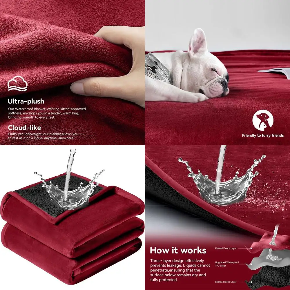 

Устойчивое к пятнам, впитывающее, двустороннее дорожное одеяло - плюшевый, моющийся чехол для кровати/дивана, для собак/кошек (80x90, винно-красный)