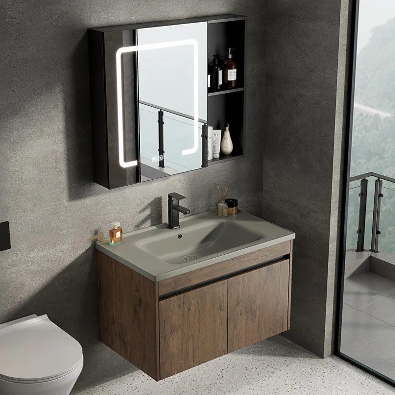 Nordic walnut wood color bathroom cabinet, export integrated ceramic washbasin , small apartment hotel