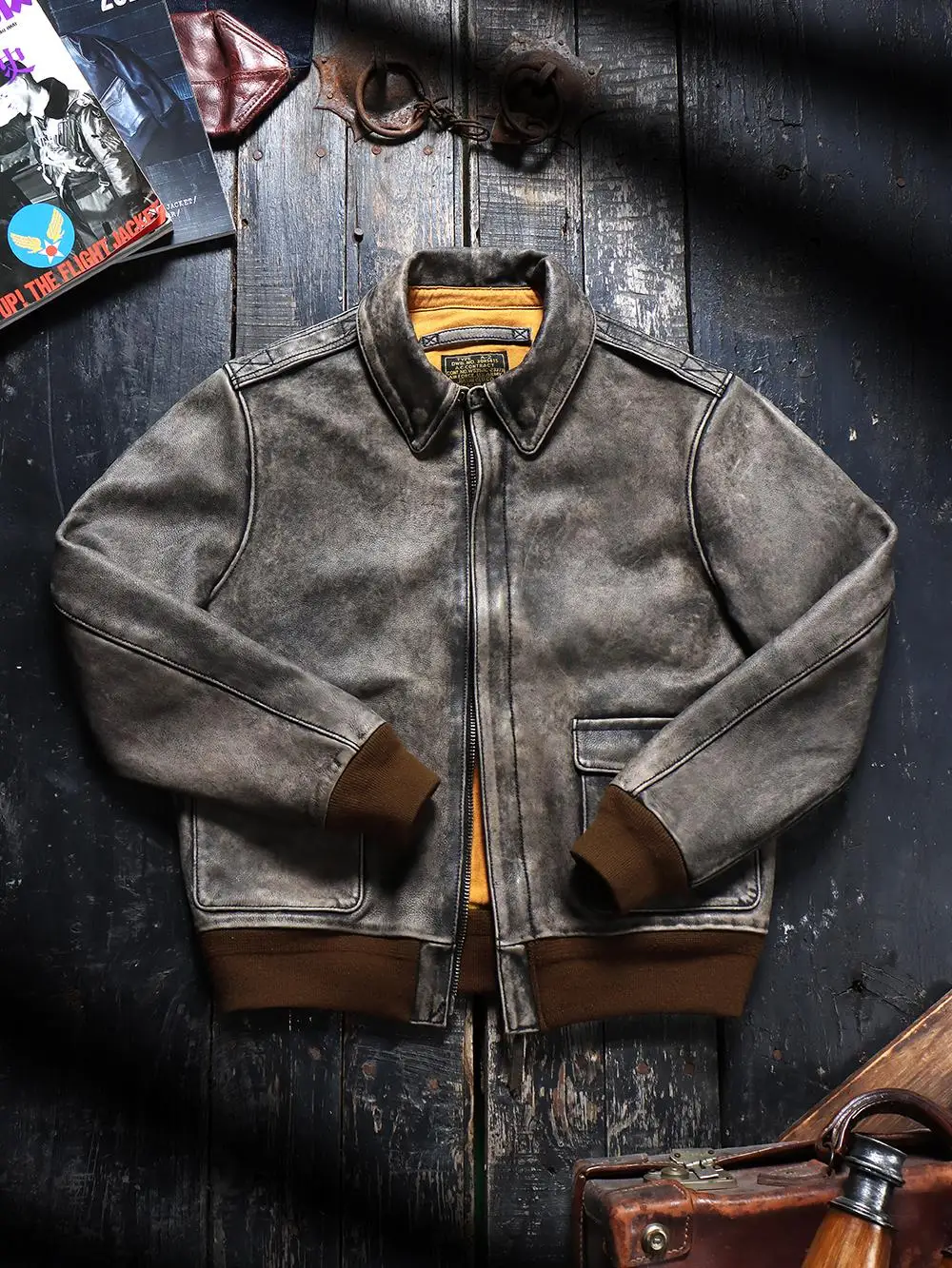 Tailor Brando Italian Uncoated Cowhide American Vintage Washed and Aged Men's A2 Genuine Leather Aviator Jacket