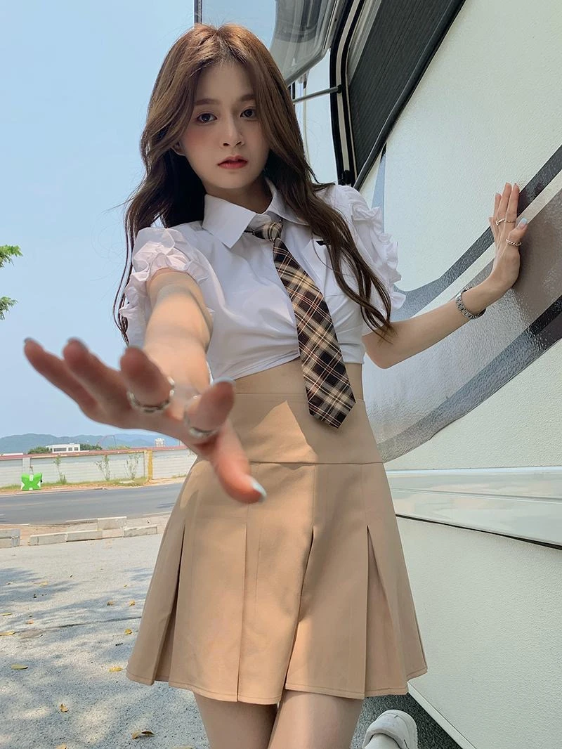 College Style Khaki Pleated Skirt Sets Japan Korean Students JK Uniform Hot Girl Short-sleeved White Shirt Tie Suit Summer