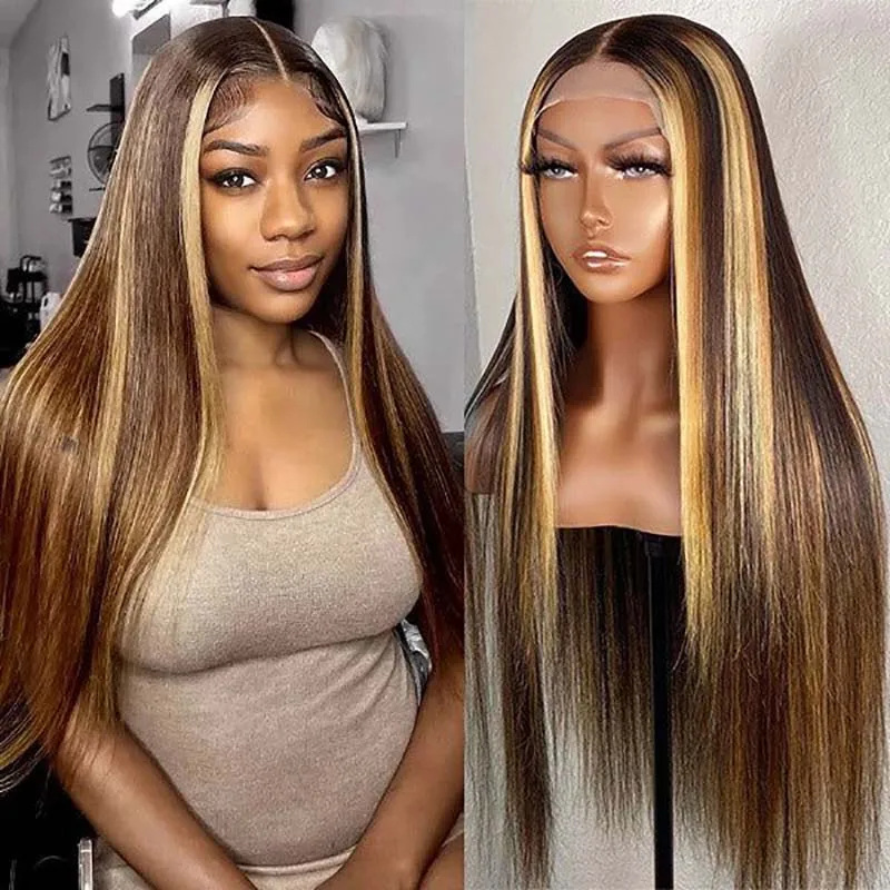 Straight Highlight Cabelo Frontal Lace Wig, Pré Arrastado Cabelo Humano Brasileiro, 28 ", 13x4, 13x6, na Liquidação