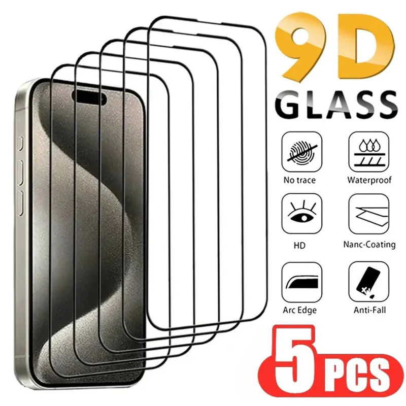 5Pcs 9D Full Protection Tempered Glass For iPhone 16 15 14 Plus 13 12 Pro Max Screen Protector Protective Film Cover