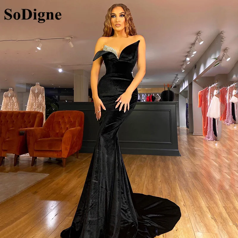 

SoDigne Black Velvet Prom Dresses With Beads Formal Mermaid Evening Gown Robe de Soiree Long Velour Party Dress Women Gowns