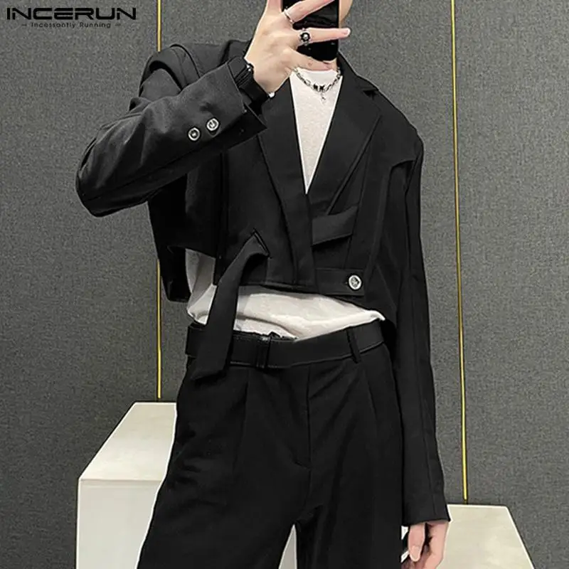 INCERUN Tops 2023 Korean Style New Men\'s Blazer Adjustable Diagonal Buckle Suit Deconstructed Design Truncated Solid Suit S-5XL