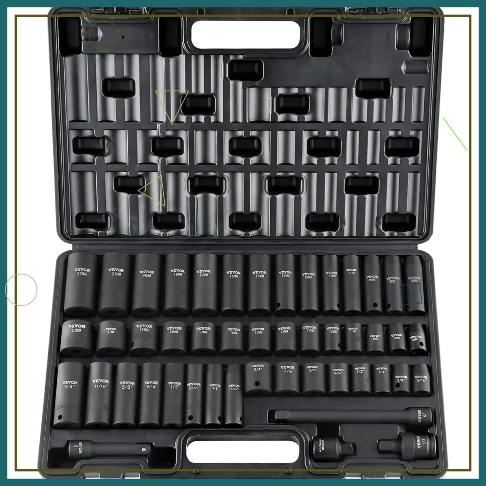 

3/8" Drive Impact Socket Set, 48-Piece SAE & Metric Sizes, Deep & Shallow, CR-V Steel with Extensions