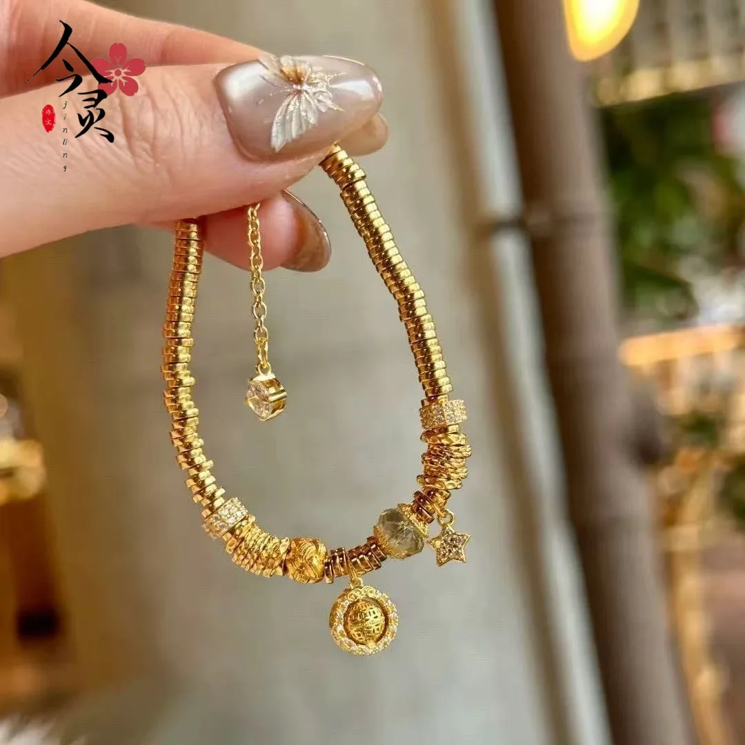 

24K Gold Star Wheel Coiled Bracelet Women AU999 - Premium, eye-catching combo, fits daily & parties