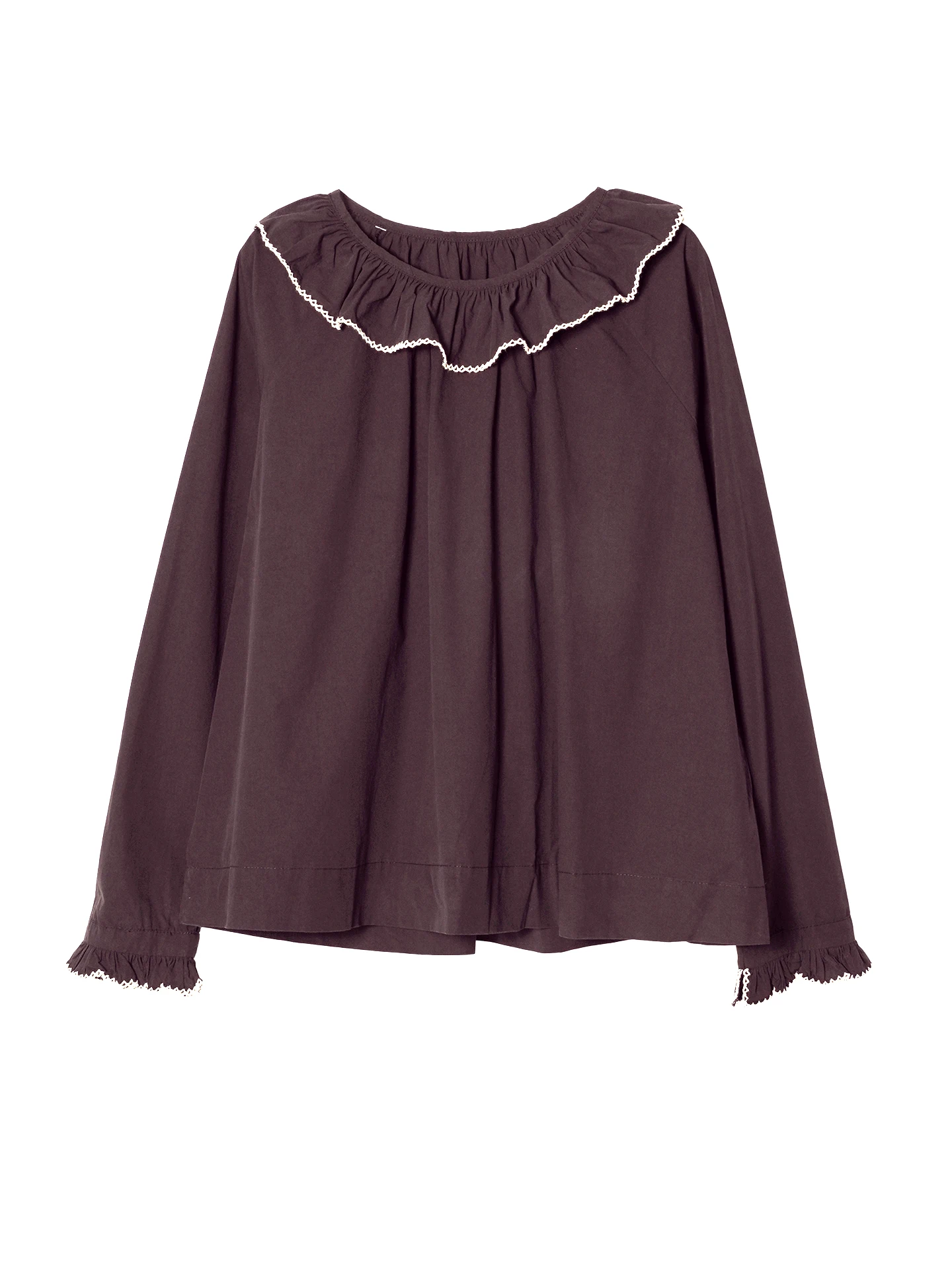 Burgundy Ruffled Pullover Long-sleeve Shirt loose fit  daily dating or casual shopping, showing off a gentle temperament255217