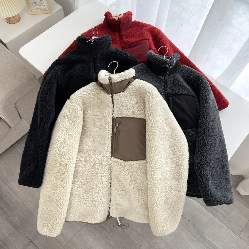 

Women's Warm Lamb Wool Outwear Stand Collar Zipper Pants Loose Windproof Flap Pocket Autumn Winter Japanese Single Couple Style