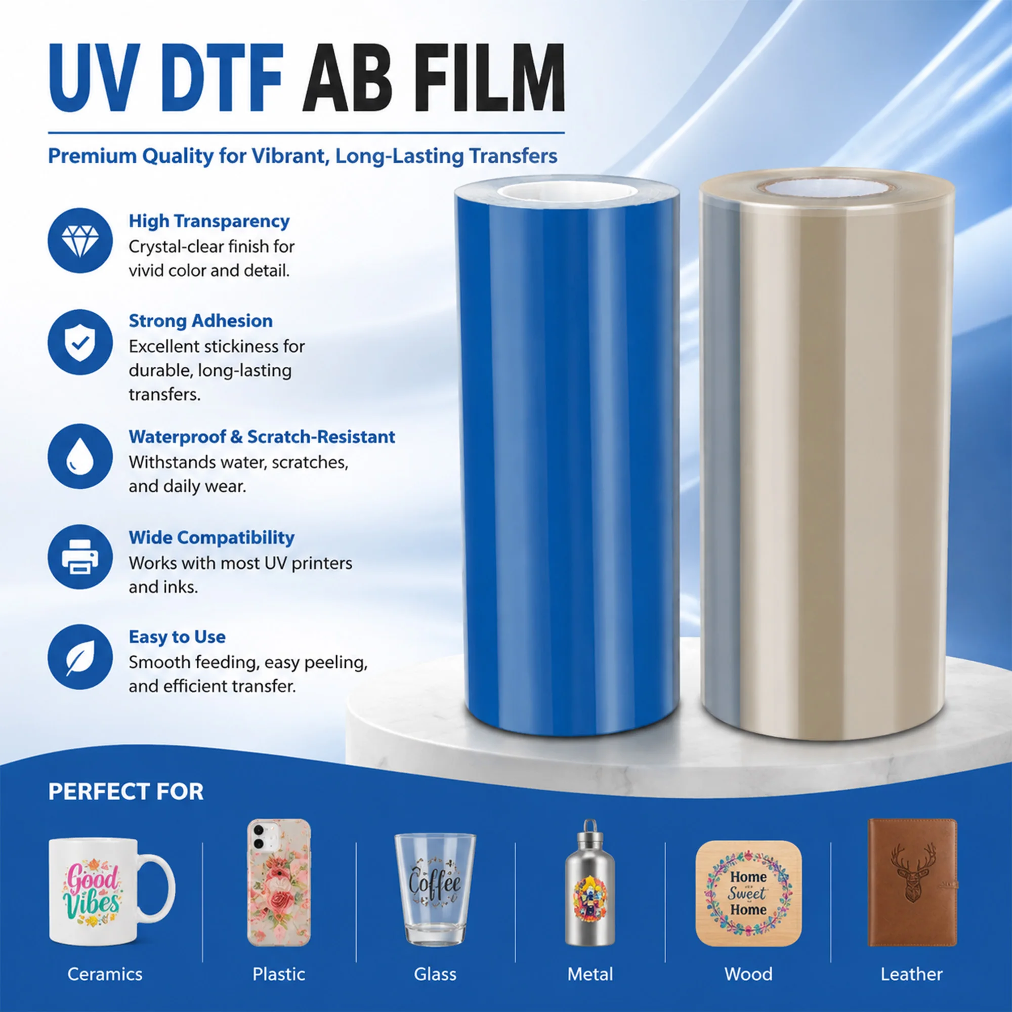 30cm*100m UV TPU DTF Film Roll 3D Metallic Silver Gold Heat Transfer Film for T-Shirt Garment Logo Printing Soft UV Ink