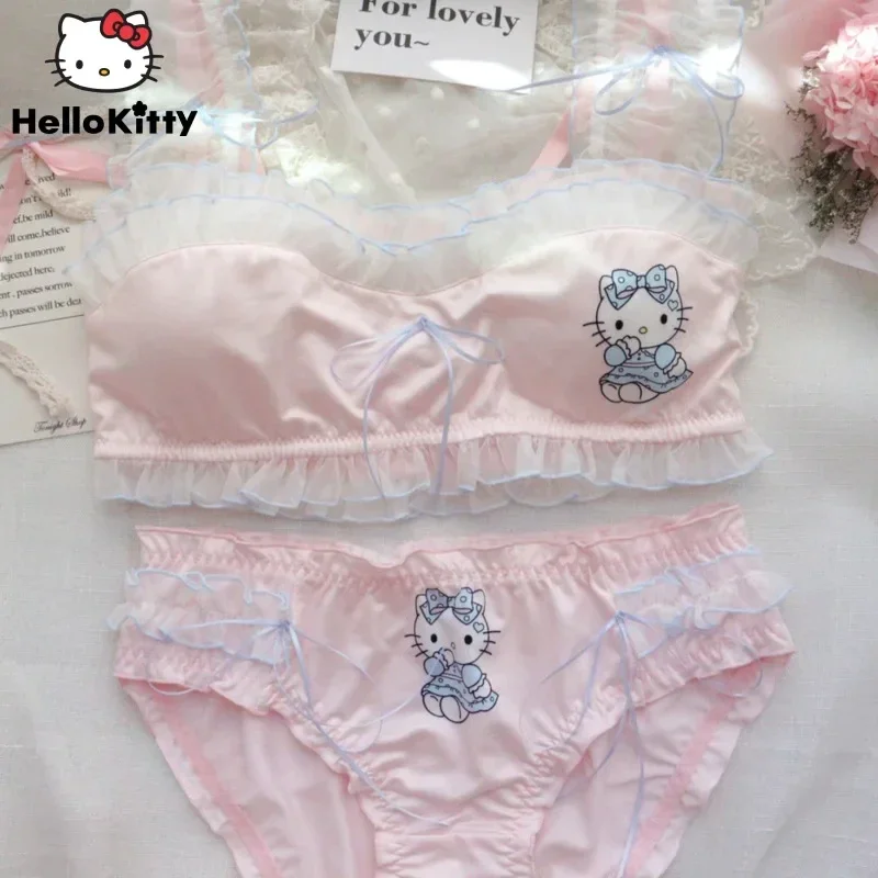 Sanrio Hello Kitty Ruffle Bra and Panty 2 Piece Set Cute and Sweet Girl Student Anime Cartoon Underwear Suspenders Clothing