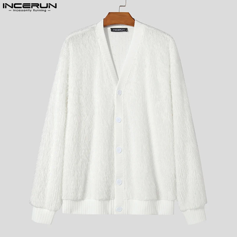 INCERUN Men Sweaters Solid Color Plush V Neck Long Sleeve Fashion Casual Cardigan Men Streetwear 2024 Leisure Knitted Outerwear