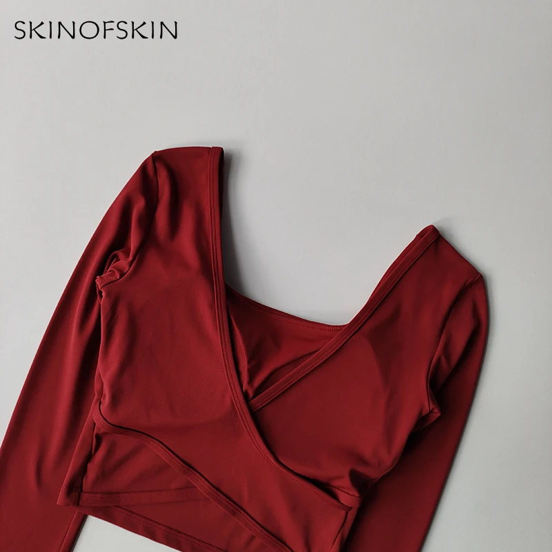 Feste Brustpolster, überkreuzter Rücken, Yoga-Kleidung, eng anliegend, schlankmachend, Sport-Langarm-Laufshirt, Fitness-Oberteil, Shirts – Detail 10