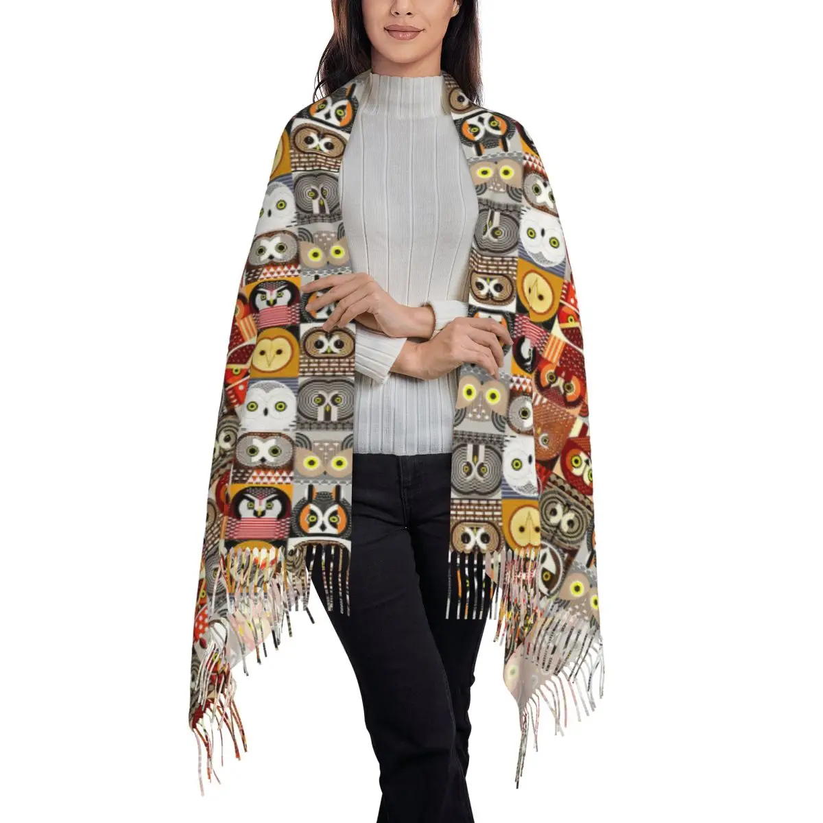 North American Owls Scarf Tassel Scarves for Women Soft Warm Shawls and Wraps Long Fall Winter Shawl Wrap