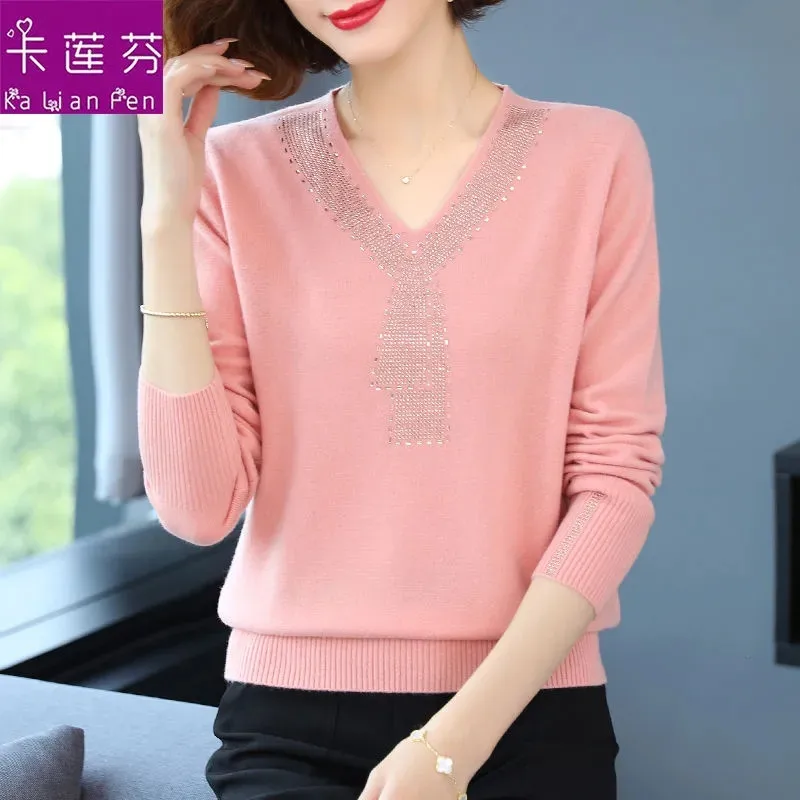 Mother Spring And Autumn Ladies Sweater Women Loose Fashion Diamond Knitted Sweater Winter Keep Warm Women Bottoming Shirt Top