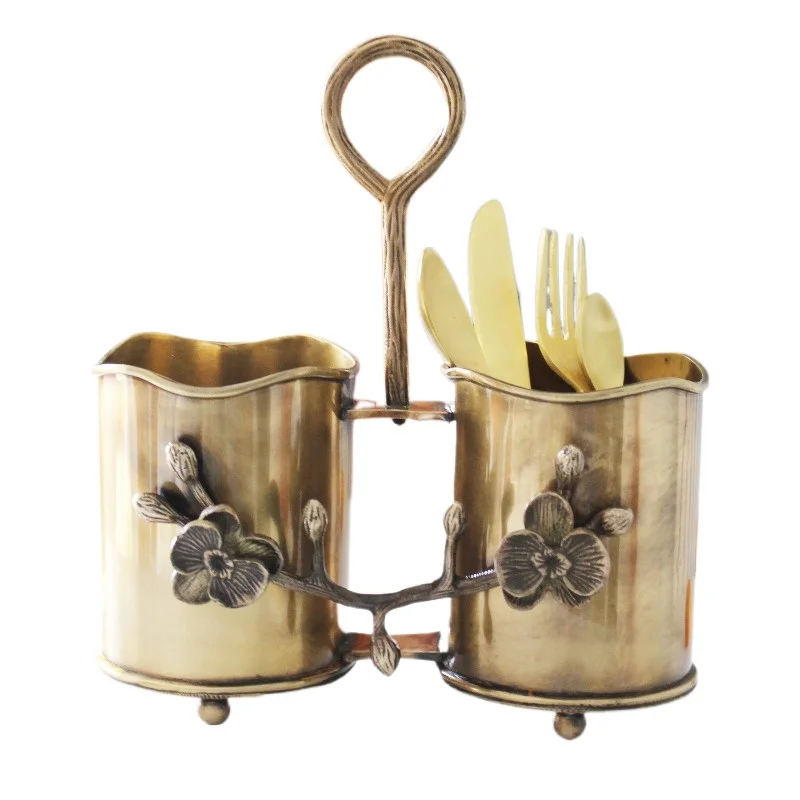 For Handmade Retro Brass Plum Blossom Double Barrel Storage Holder Pen Holder Makeup Pen Knife Fork Tableware
