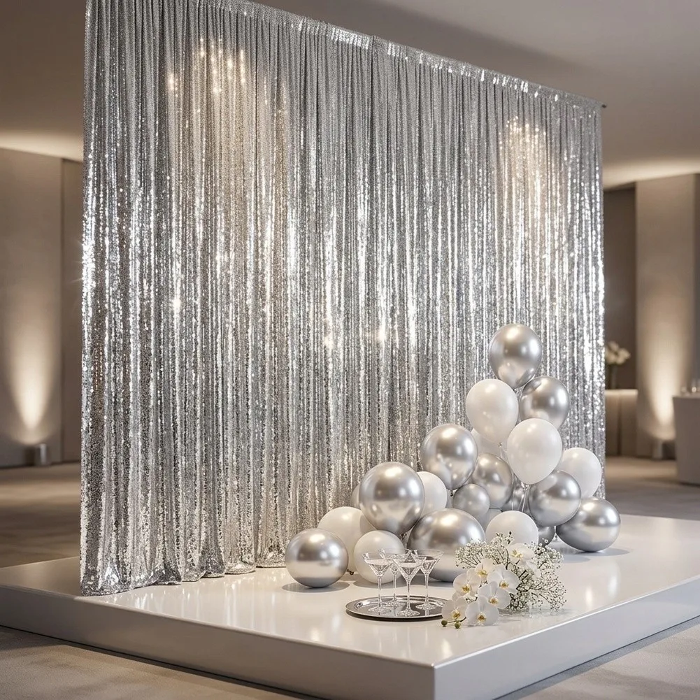 Photo Event Backdrop Set 12 Silver Foil Fringe Curtains Lightweight Reflective PET Material for Indoor Outdoor Use