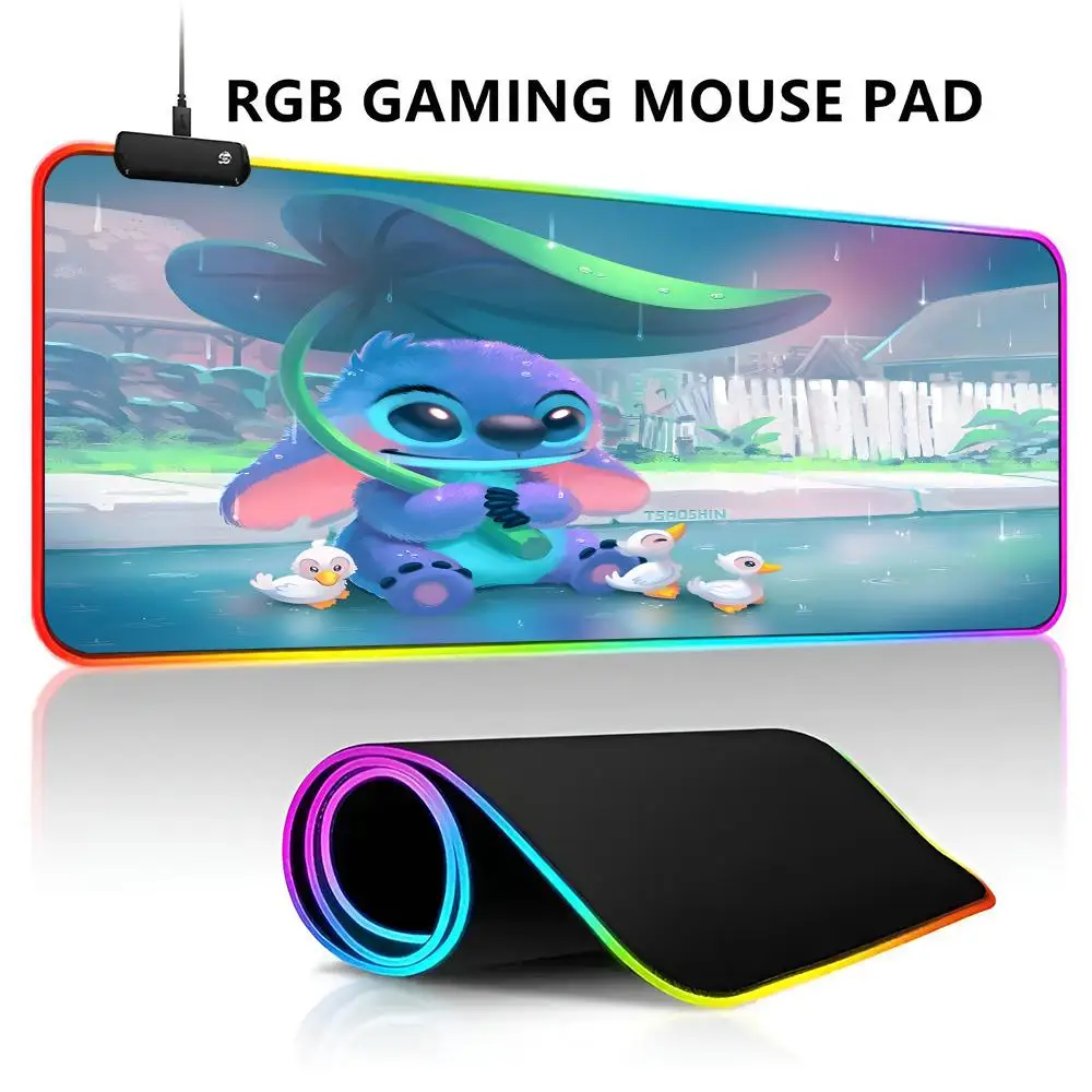 Disney stitch Mouse Pad RGB LED Light Gaming Waterproof Large Gamer Mouse Carpet Big Mause Keyboard Pad PC Desk Play Mat with Ba