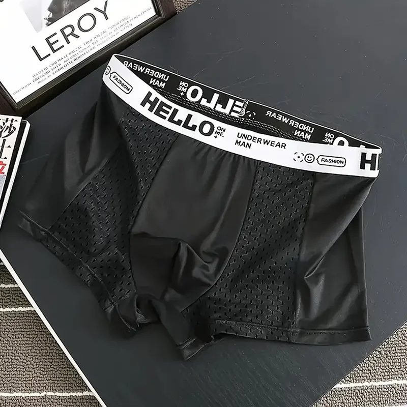4-Piece Men's Solid Color Ice Silk Semi Mesh Breathable Underwear, Close Fitting And Comfortable Four Cornered Pants
