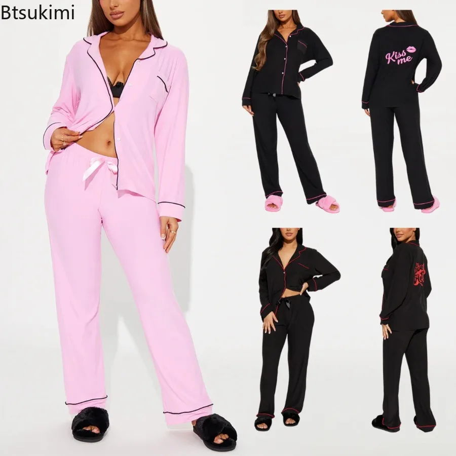 

2026 Women's Kiss Me Print Pajama Set Long Sleeves Turn Down Collar Top & Full-Length Pants 2 Pieces Female Sleepwear Nightwear