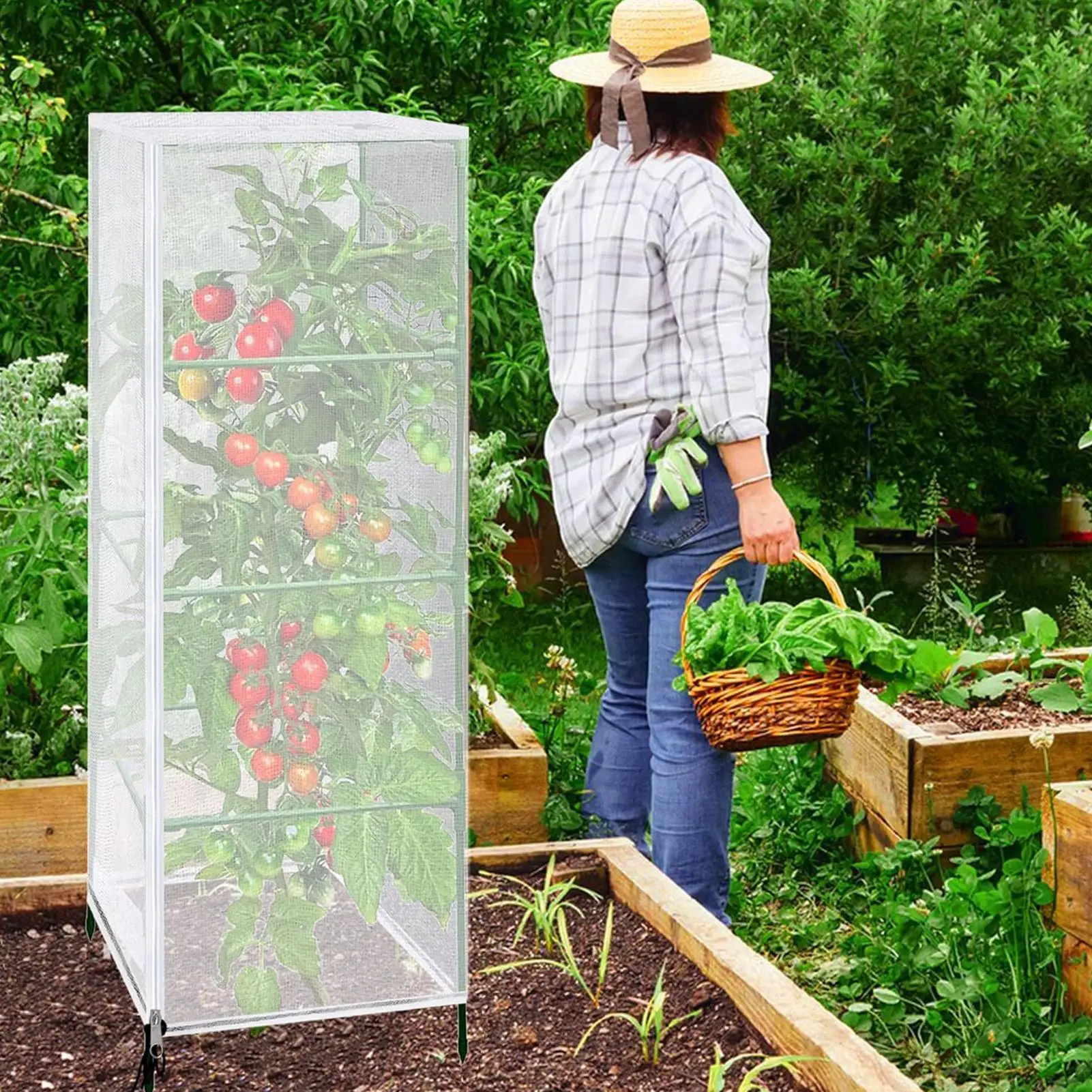 Plant Covers From Animals 2 Pieces Square Vertical Mesh with Zipper Tomato Cage Cover for Vegetable Fruit Strawberry Blueberry