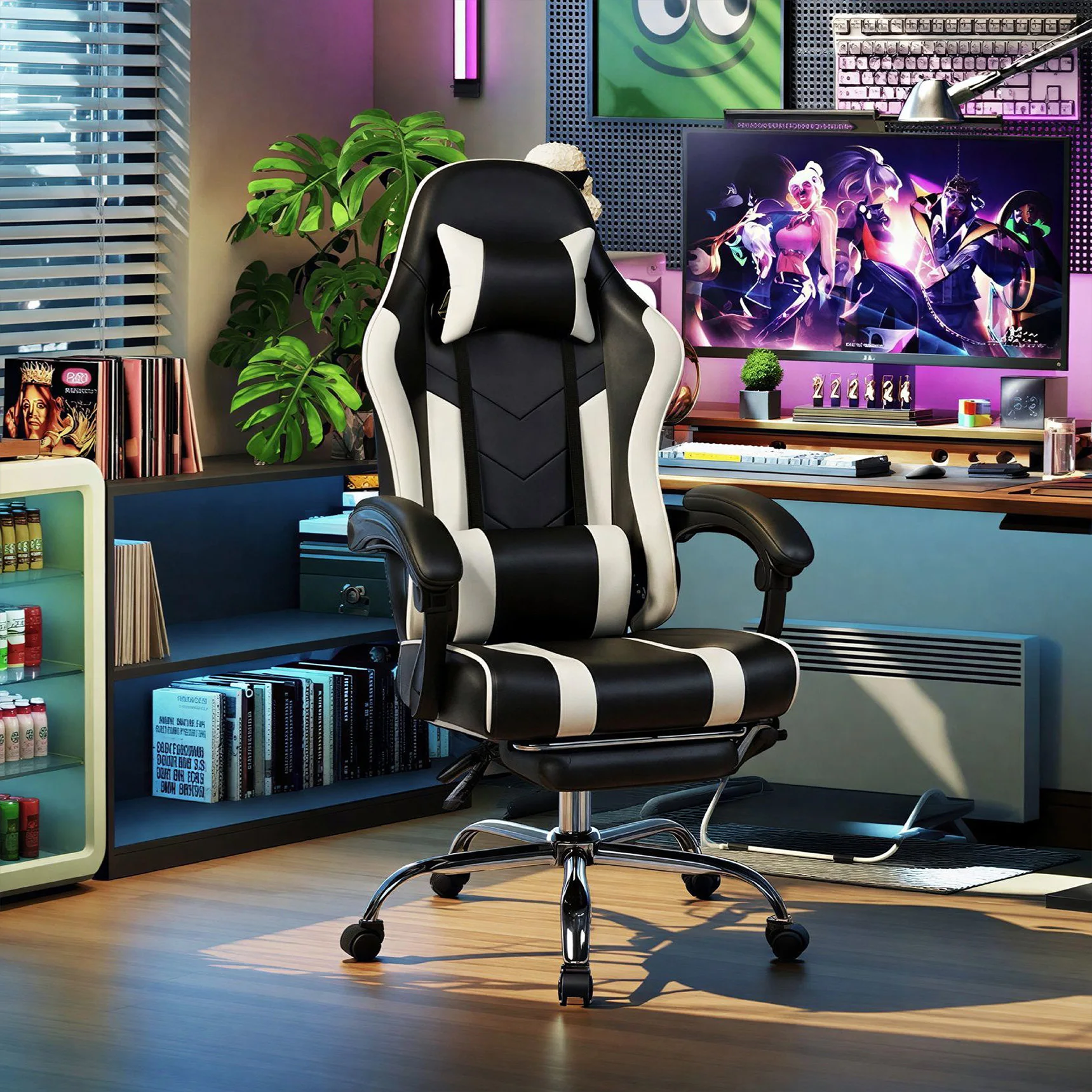 Chaise de jeu noire et blanche avec repose-pieds, style racing, en cuir PU, chaise d'ordinateur inclinable, ergonomique, à dossier haut, pivotante, pour gamer, avec appui-tête et coussin lombaire.
