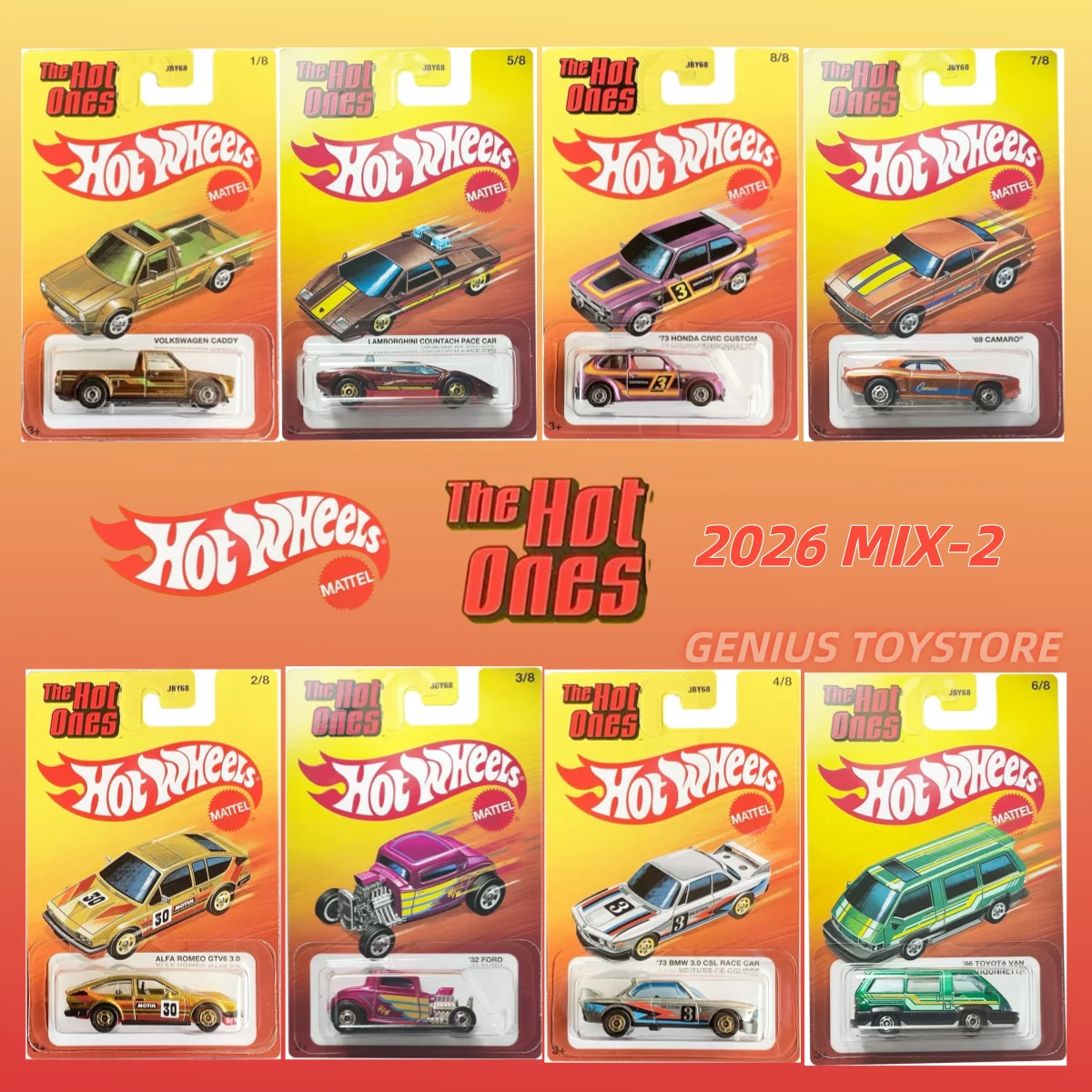 Hot Wheels 2026 The Hot Ones Mix 2 Volkswagen Alfa Romeo Ford BMW Lamborghini Toyota Camaro Honda 1:64 Diecast Alloy Car Toys