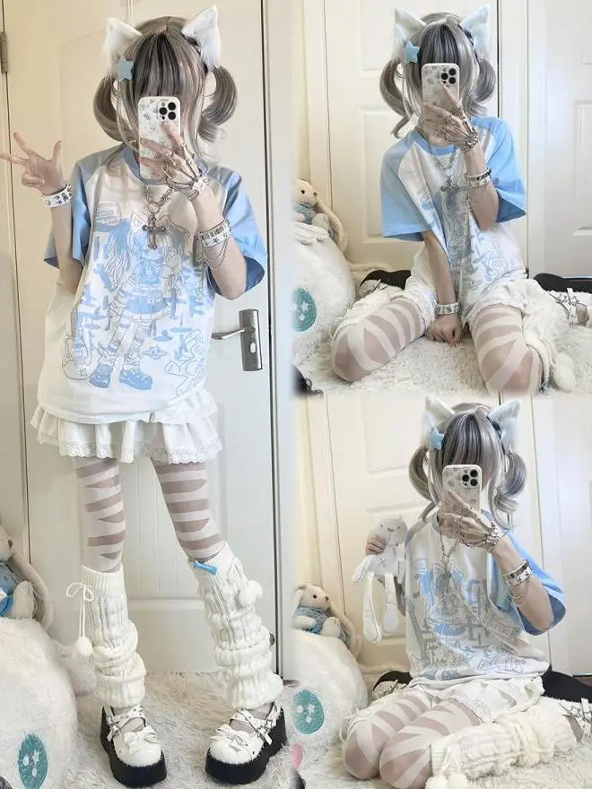 Magliette giapponesi in cotone Anime Kawaii Grunge Cute Cartoon Kanji Comics magliette grafiche magliette oversize allentate E-girls top Kpop