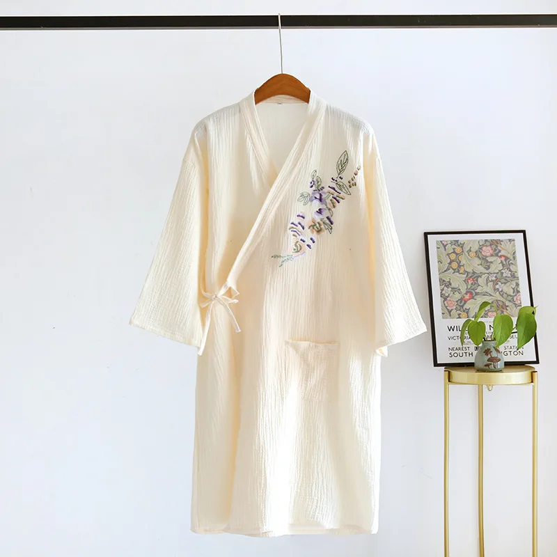 Candy-colored Shower Robe Crepe embroidered Dressing Gown Summer Pajamas Woman Cotton 100% Thin Nightgown Kimono Mujer