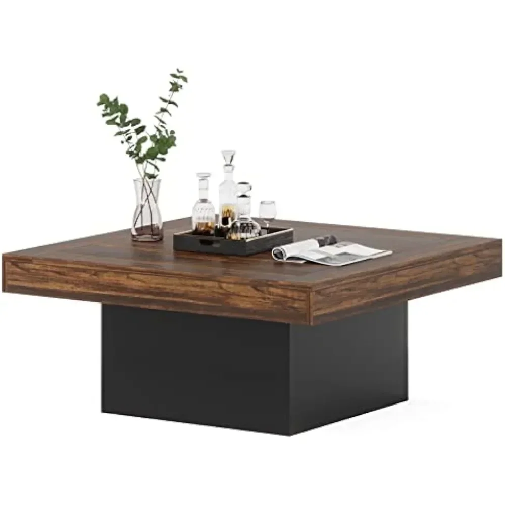 Table basse carrée avec lumières LED pour salon, noir, rustique, marron, meubles d'extrémité de café, 73