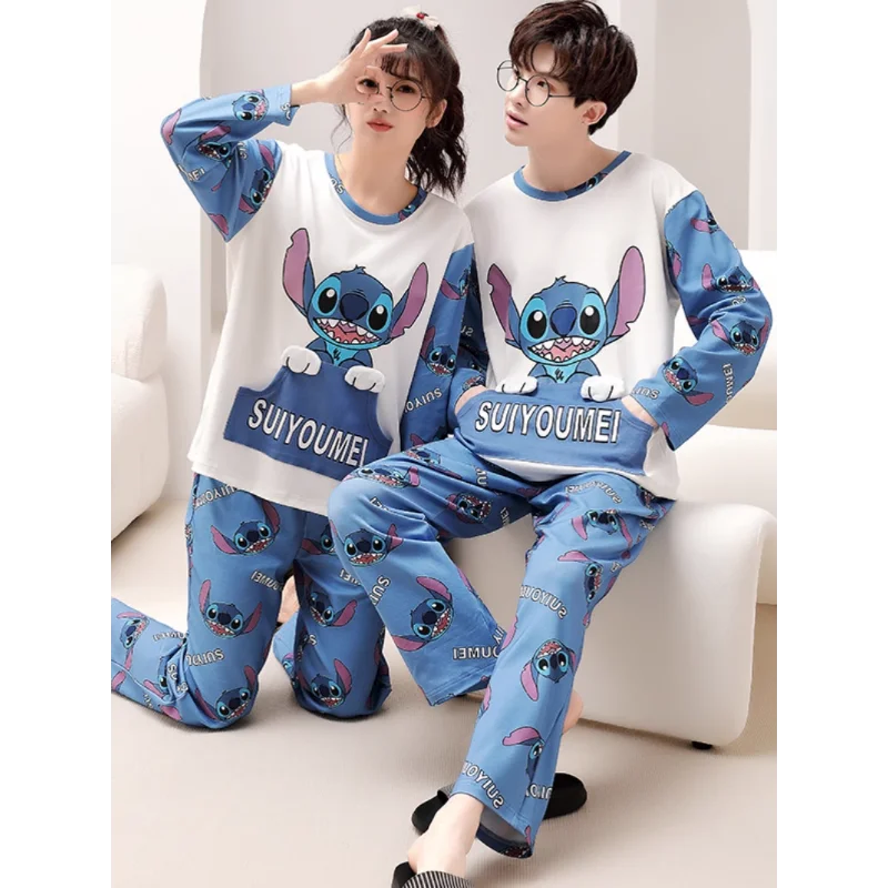 Cartoon Disney couple pajamas men\'s/women\'s pure cotton Stitch autumn two-piece set Stitch women\'s pajamas loungewear