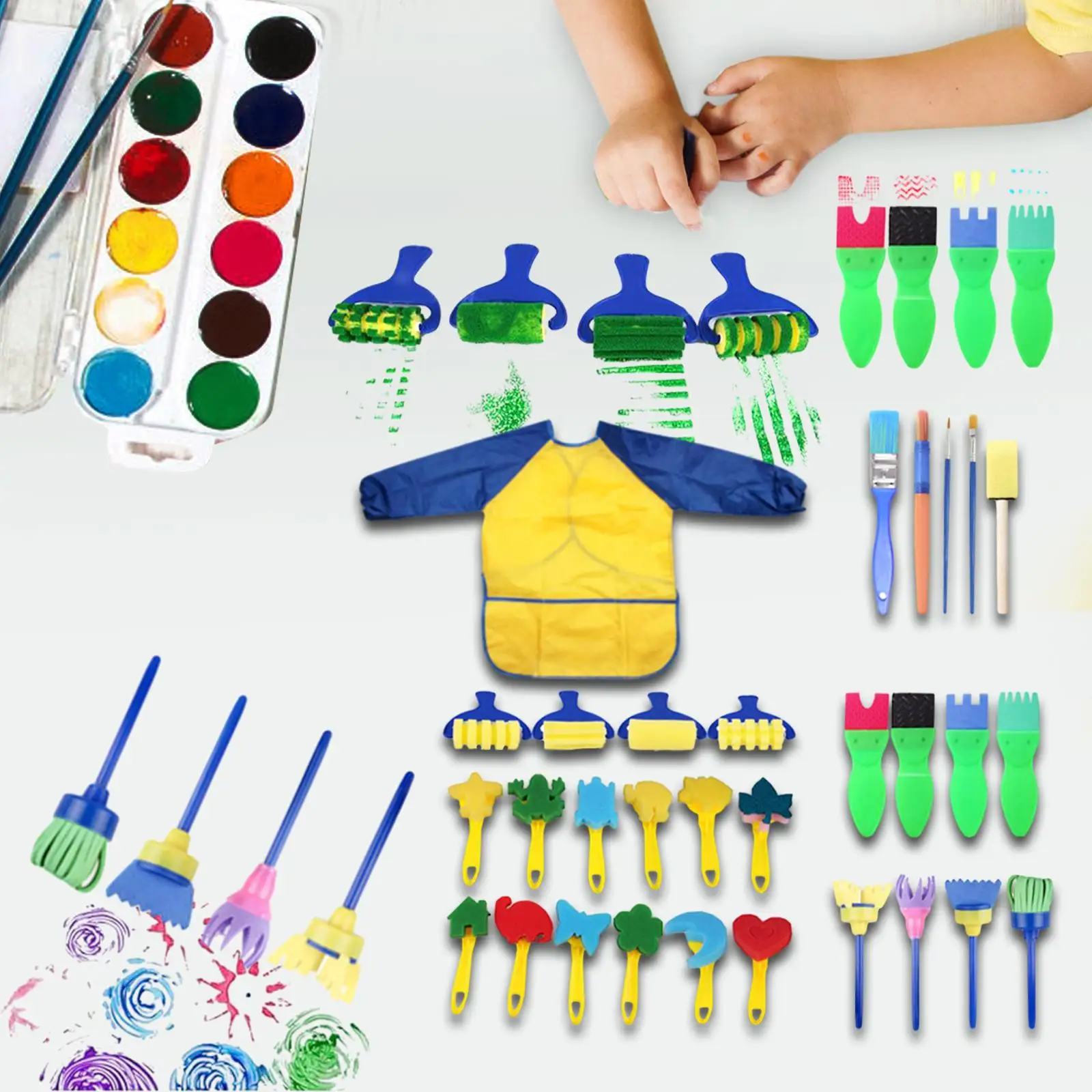 Kids Painting Sponge Brushes Set Kids Paint Sponges Craft Paint Brushes Kit with Waterproof Apron for Girls Drawing Children