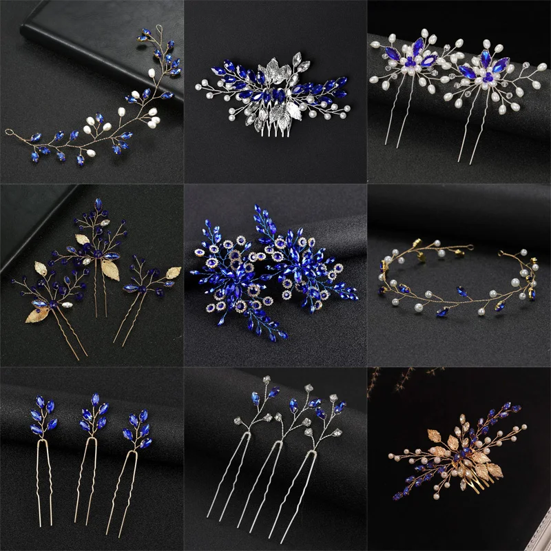 Romantic Blue Tiaras Wedding Headband Crystal Rhinestone Women Bridal Hair Accessories Bride Head Jewelry Party Prom Hairpiece