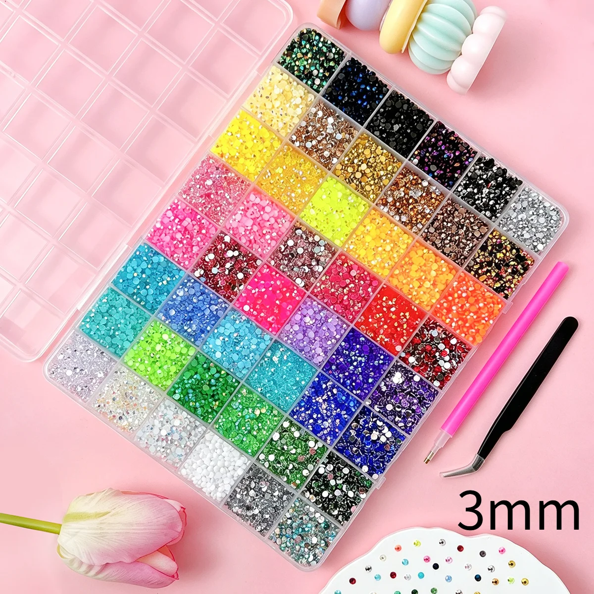 1Box Trending Shiny Colorful Nail Rhinestones Bedazzling Kit 3mm Semi-circular Flatback Resin Diamond Nail Art Accessories DIY