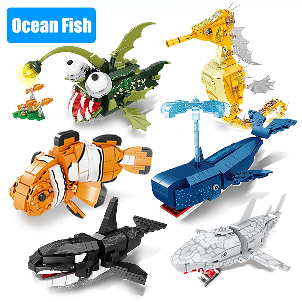 Sea World Animal Building Blocks Seahorse Shark Whale Assembly Bricks Model Set Children\'s Educational DIY Toys Christmas Gifts