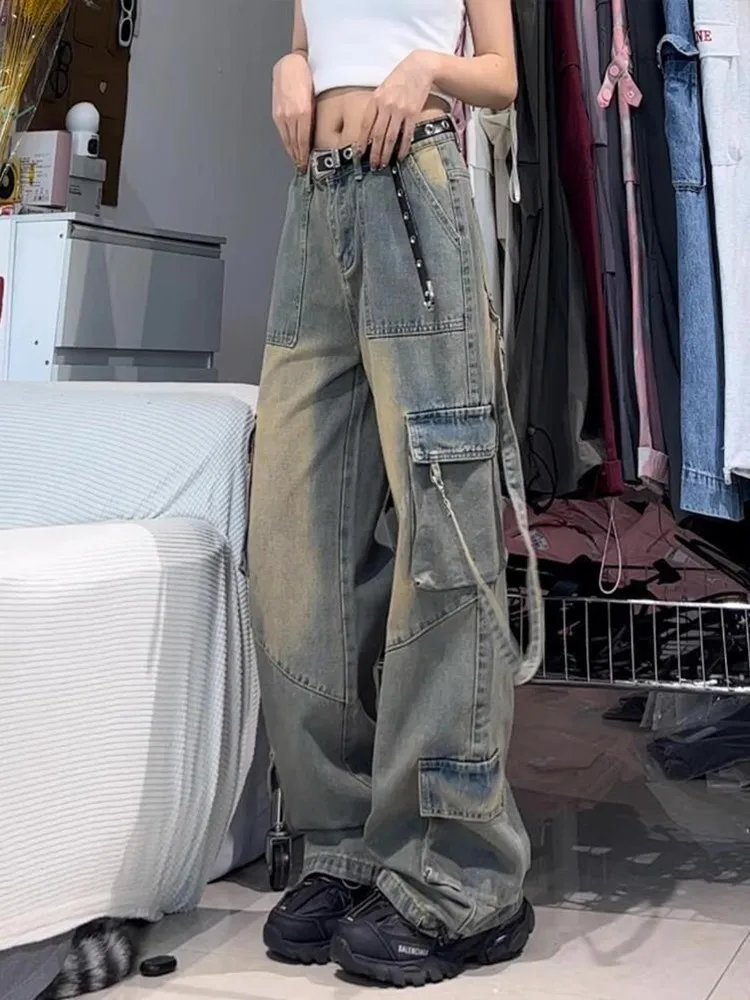 Multi-pocket design high-street cargo pants women 2024 summer wide-leg trendy niche washable high-waisted jeans women y2k baggy