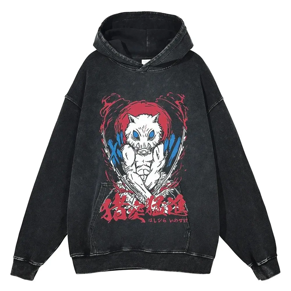 

Anime Demon Slayer Oversized Hooded Sweatshirt Men Women Vintage Washed Streetwear Pullover Casual Hip Hop Fashion Spring Autumn