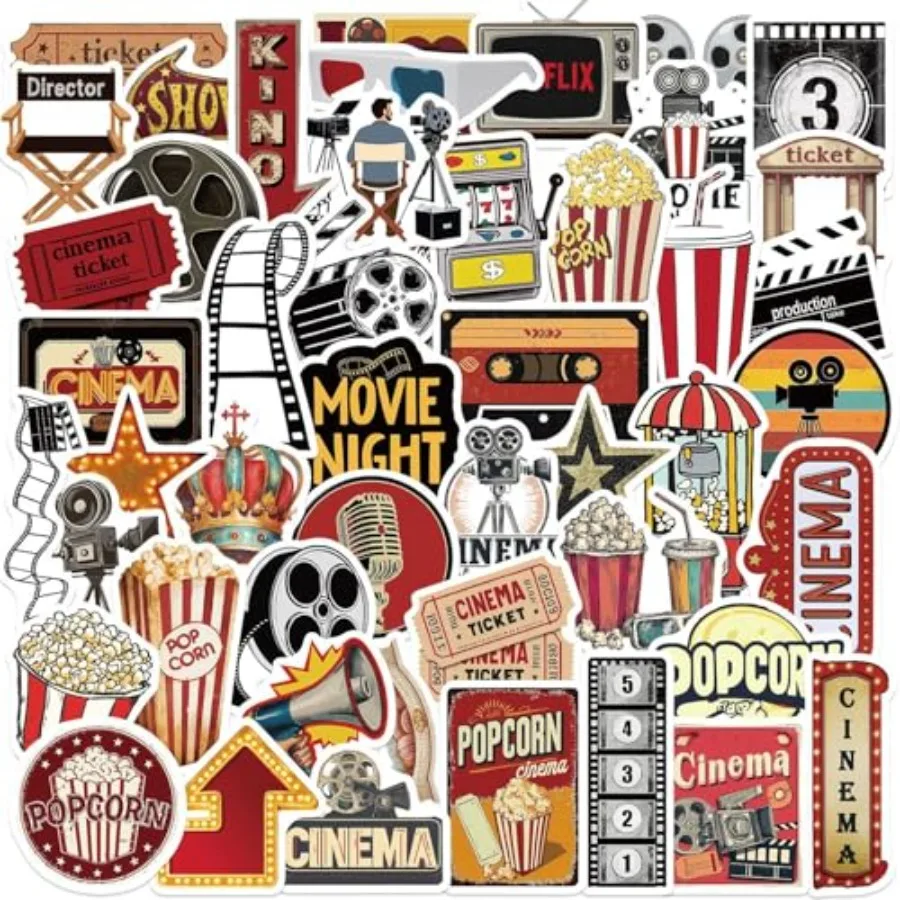 

50Pcs Movie Night Stickers Vinyl Aesthetic Retro Cinema Stickers Decals with Popcorn F Reel Star Ticket Clapperboard Designs fo