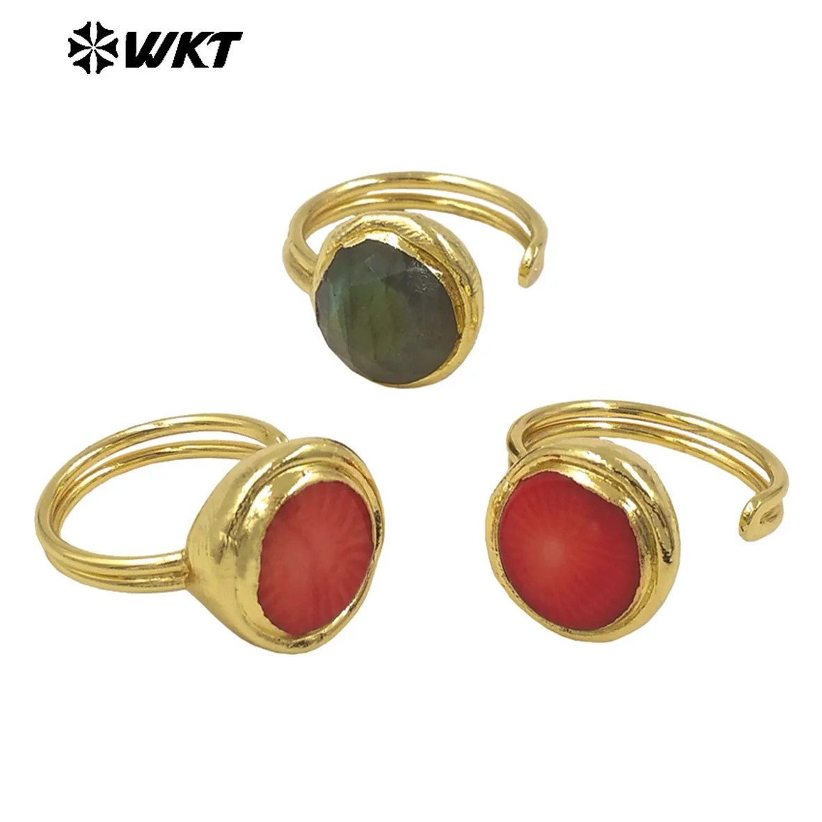 WT-R556 Beautiful Color Natural Red Coral And Labradorite Stone Round Shape Ring For Women Daily Commuter Jewelry