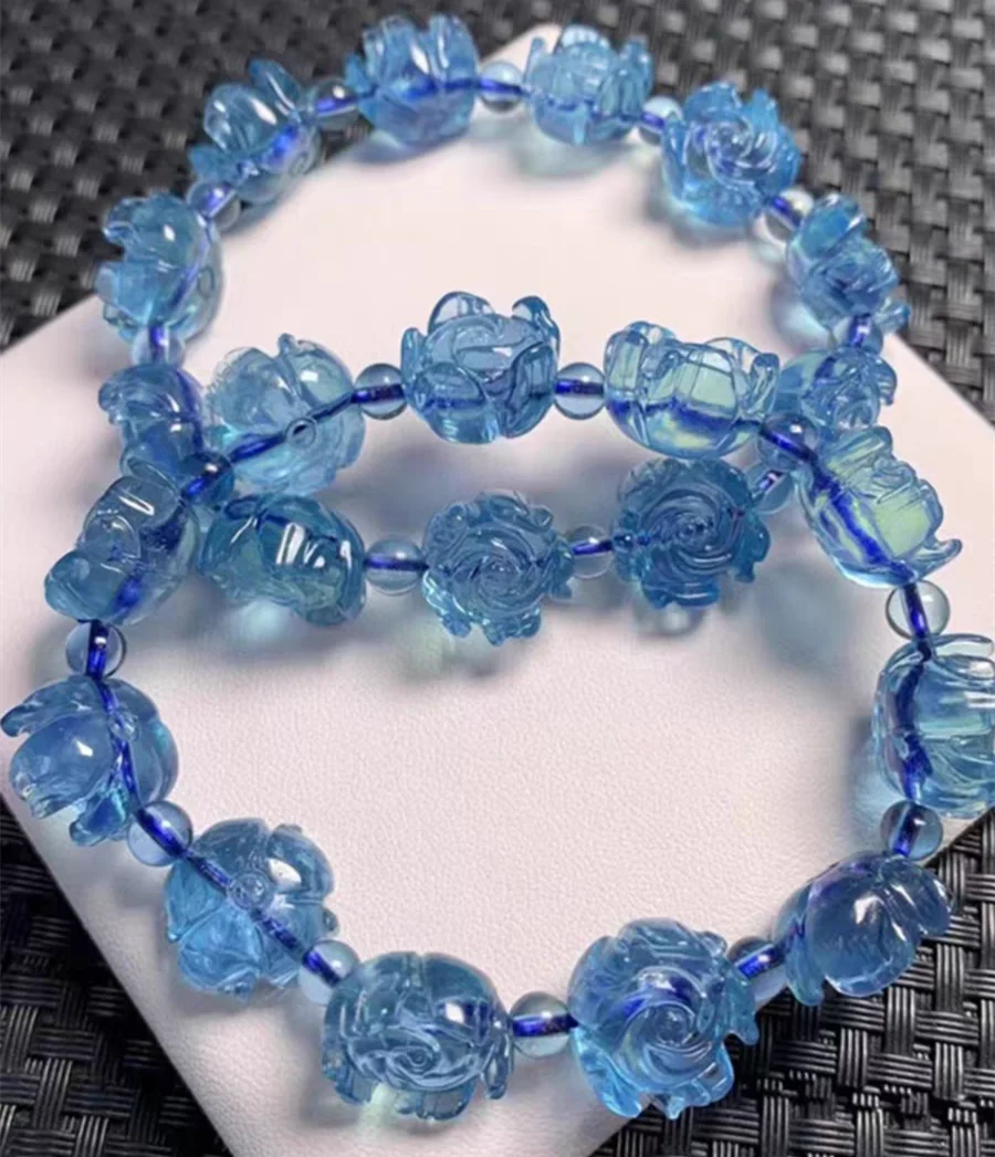 Natural Blue Aquamarine Quartz Flower Clear Beads Bracelet 13x13mm Carved Gemstone Wealthy Stone For Women Men AAAAAAA