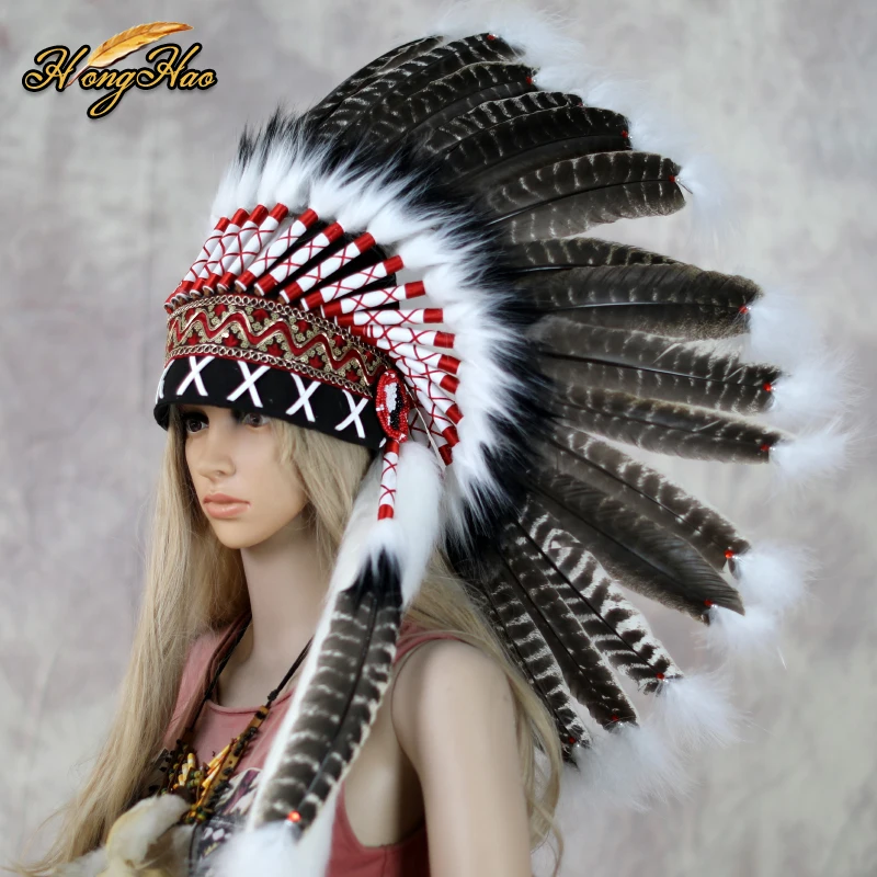 Customized Indian Feather Headdress Turkey Feather Costume Chief Feather Hat Headband Carnival Party Bonnet Halloween Decoration