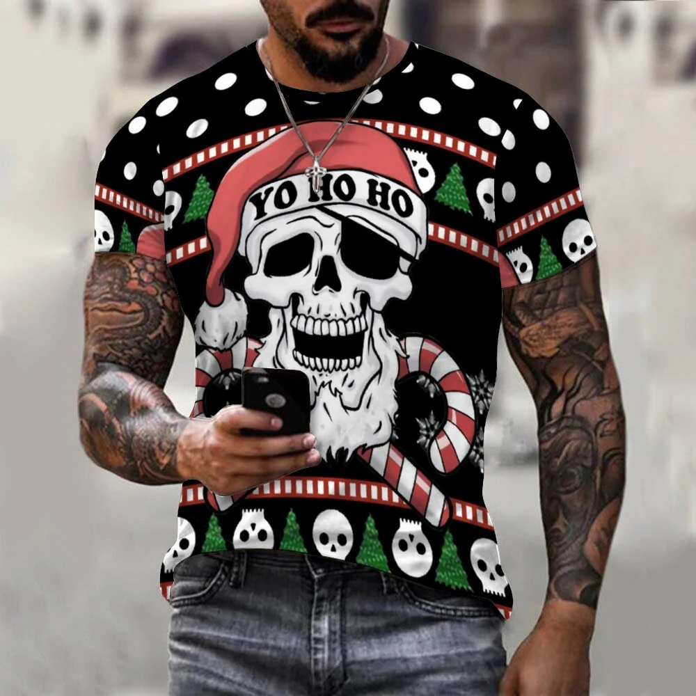 

Christmas Skull Men's 3D Printed O-Neck T-shirt Short Sleeve Plus Size Loose Street Punk Fashion Men's and Women's Clothing