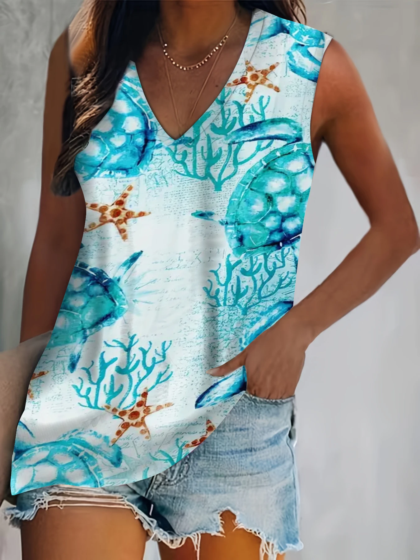 Plus Size Turtle Print Tank Top, Casual V Neck Sleeveless Top Na Lato, Odzież Damska Plus Size