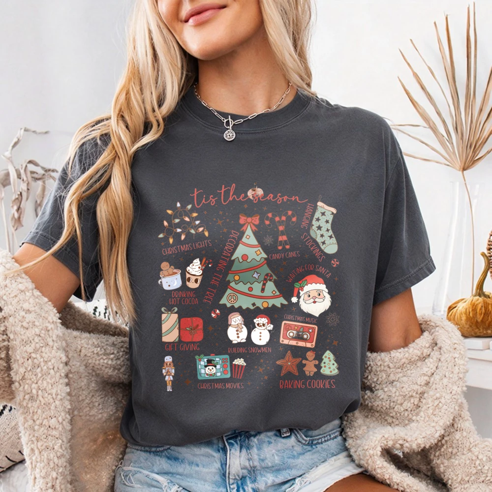 Vintage Christmas Shirt Tis The Season Xmas Tee Holiday Cookie Baking Tree T-Shirt Merry And Bright Santa Tee Unisex Cotton Tops