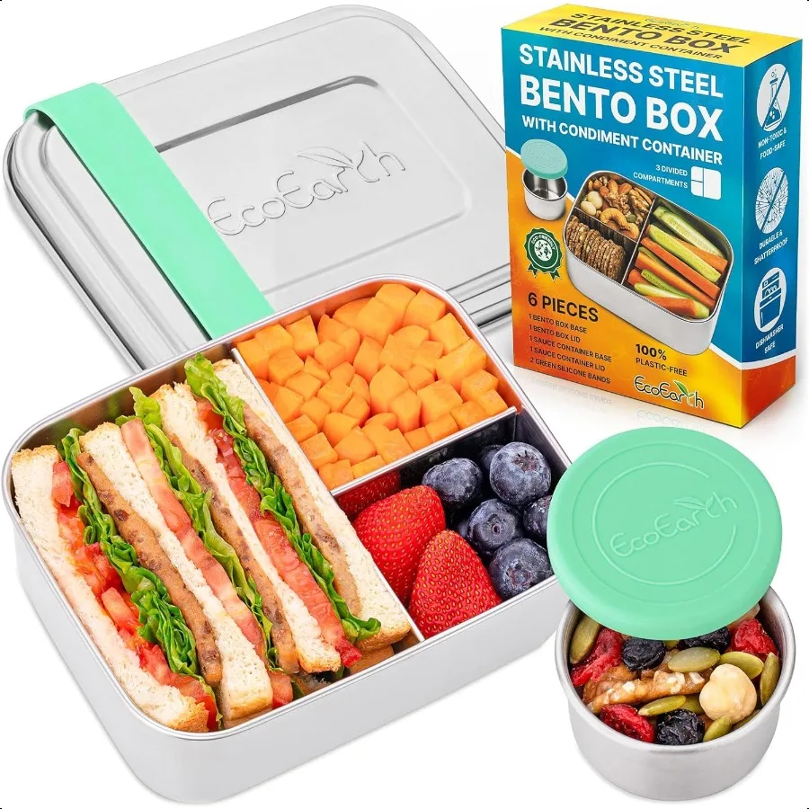 

EcoEarth Коробка для бенто из нержавеющей стали 27 унций Герметичные металлические коробки для завтрака для взрослых с 3 отделениями Маленькие жестяные контейнеры для еды с