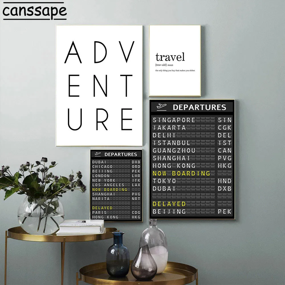 Airport Board Destination Posters and PrintsTravel Adventure Quotes Art Canvas Painting Nordic Wall Picture Honeymoon Home Decor