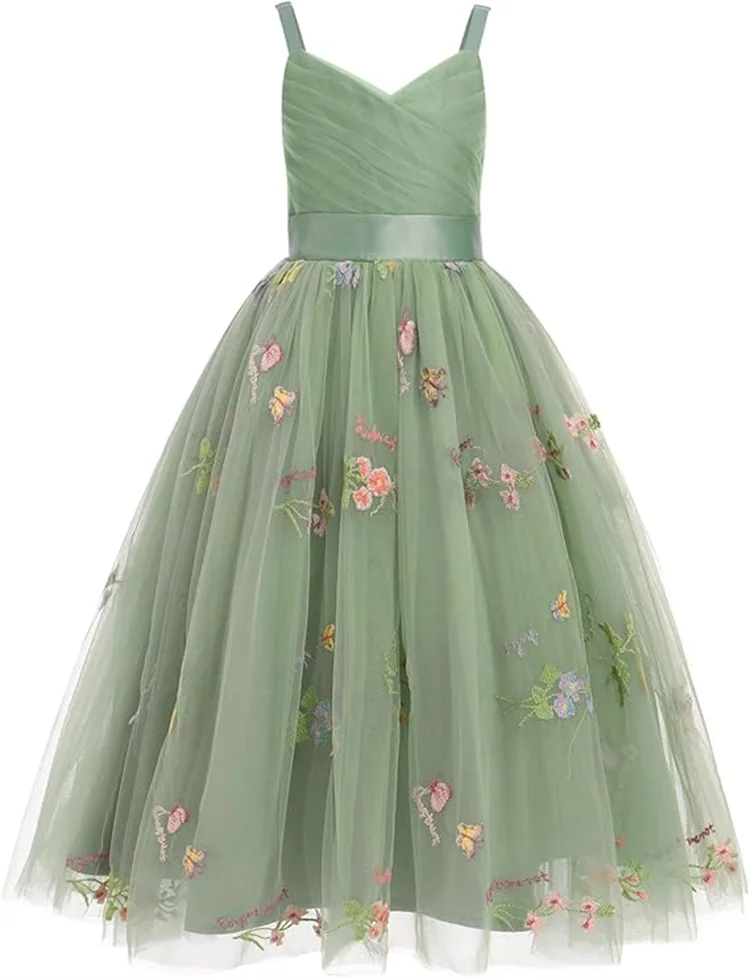 

Girls Spaghetti Strap Ruched Bodice Floral Embroidered Tulle Ball Gown Belted Design Formal Occasion Wedding Flower Girl Birthda