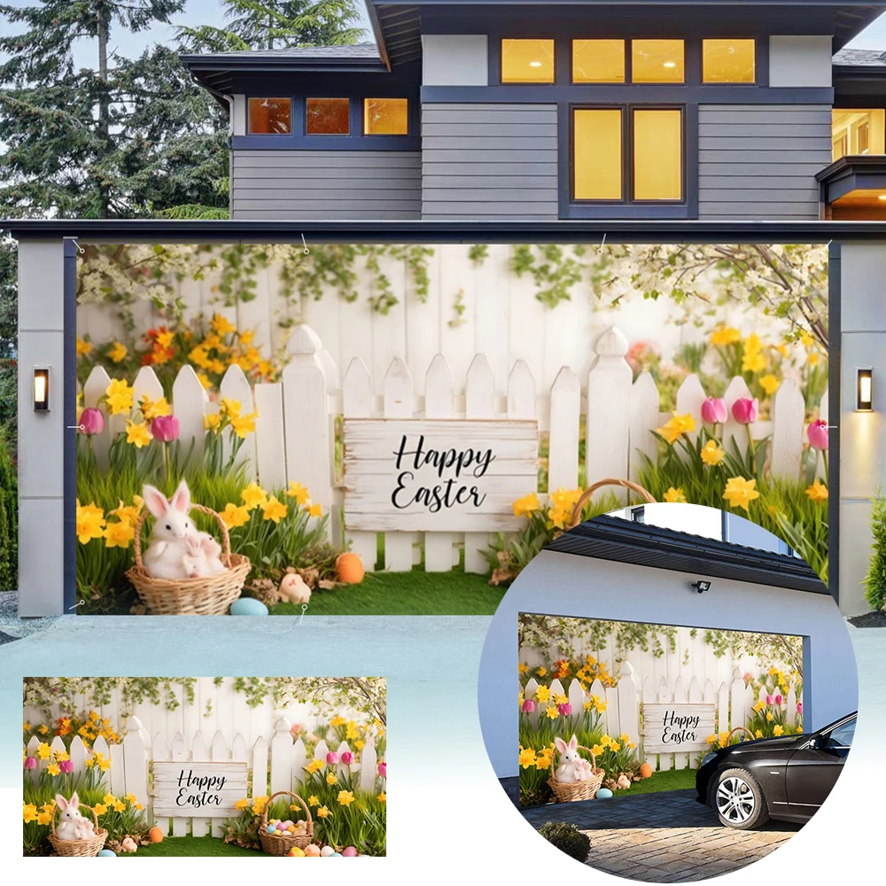 

Праздничное украшение для гаражных ворот на Пасху: большой баннер с кроликом, яйцами и весенними цветами, фон для двора, товары для вечеринок
