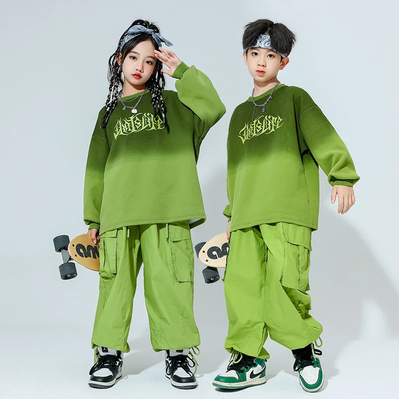 Meninos hip hop roupas verde oversized camiseta bolsos calças de carga para meninas crianças jazz dança traje conjunto roupas