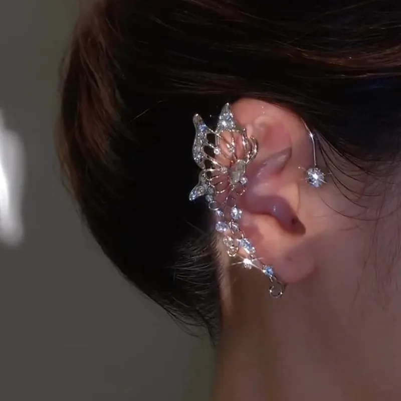 Anting-anting Cuff telinga kupu-kupu Elf kristal berkilau modis tanpa tindik klip